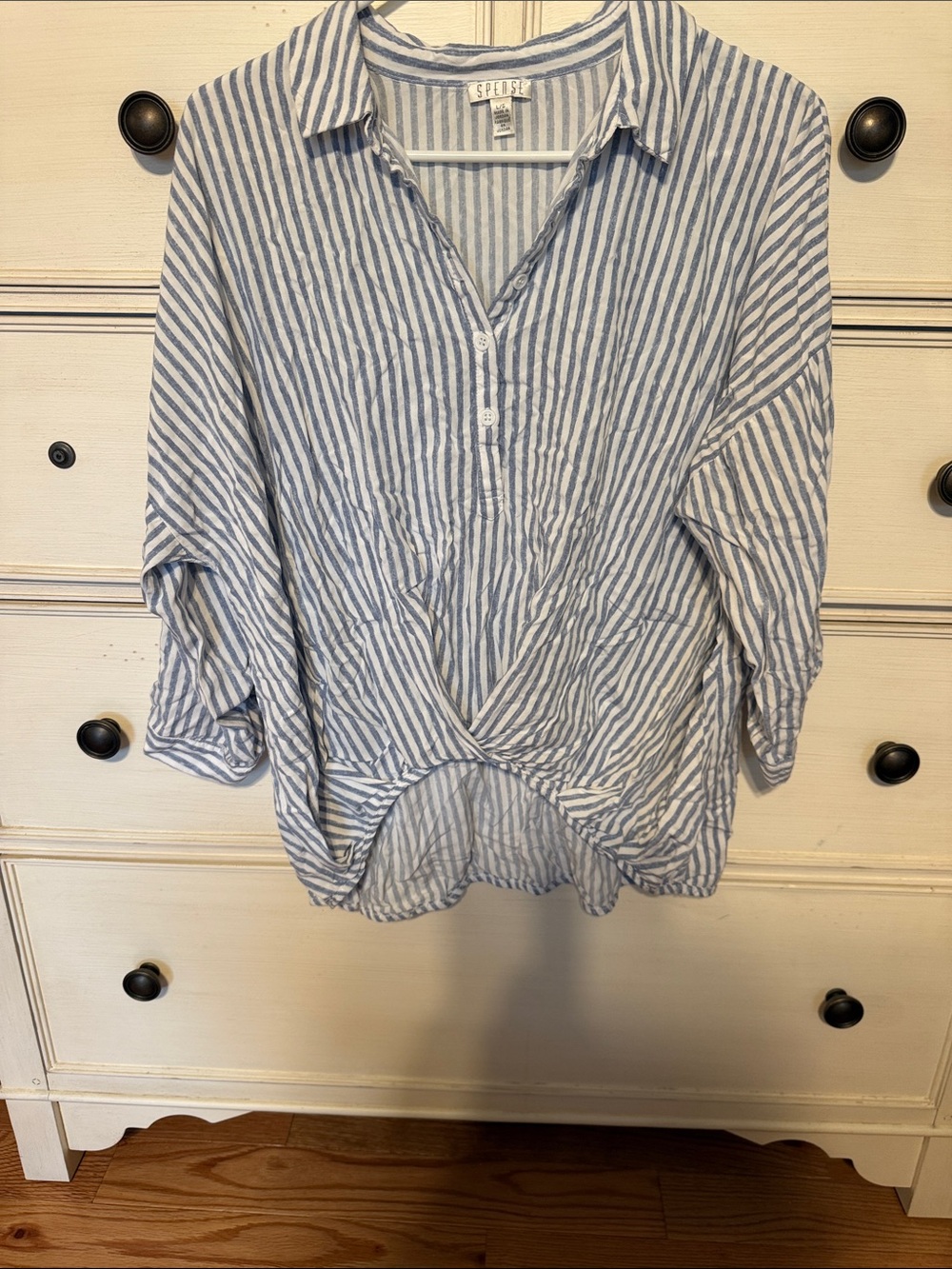 Spense Light Blue and White Striped Button-Front Twist Hem Shirt